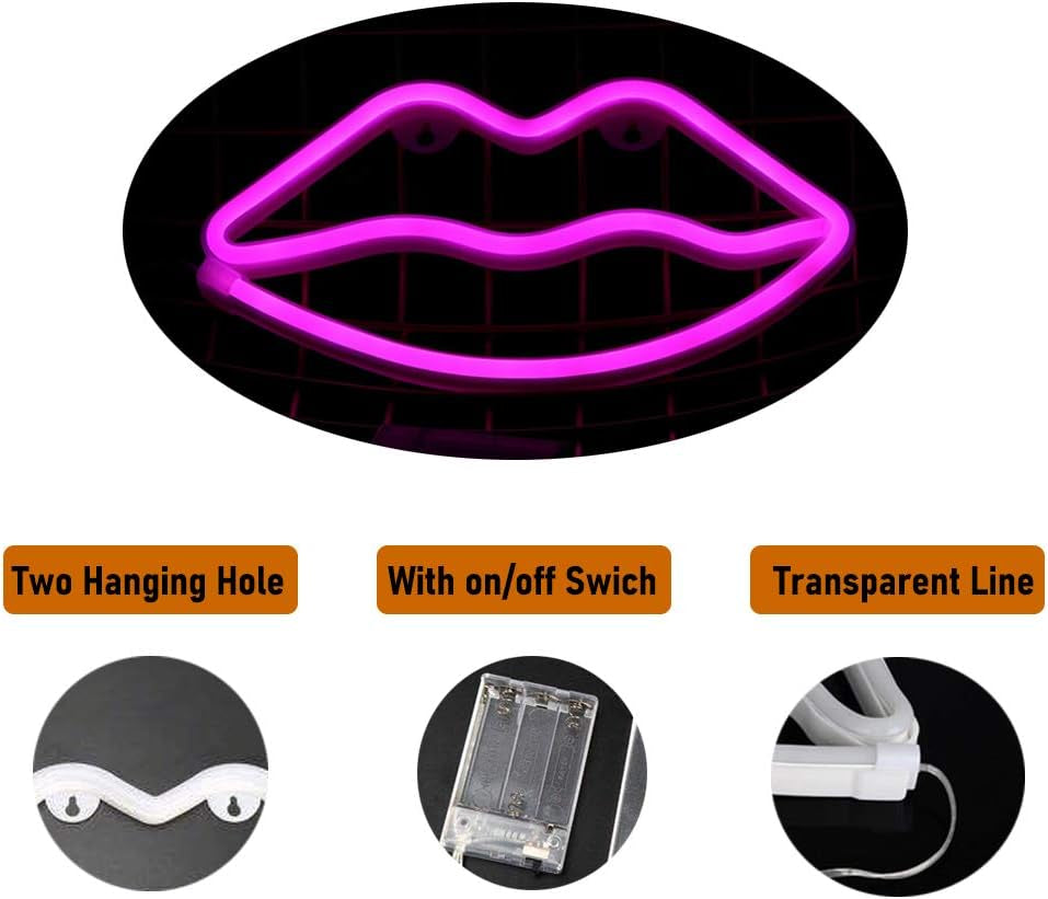 Neon Pink LED Lip Sign - Battery and USB Operated Decorative Light for Walls, Bedrooms, Parties, Weddings, and Bars