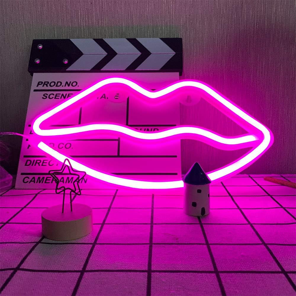 Neon Pink LED Lip Sign - Battery and USB Operated Decorative Light for Walls, Bedrooms, Parties, Weddings, and Bars