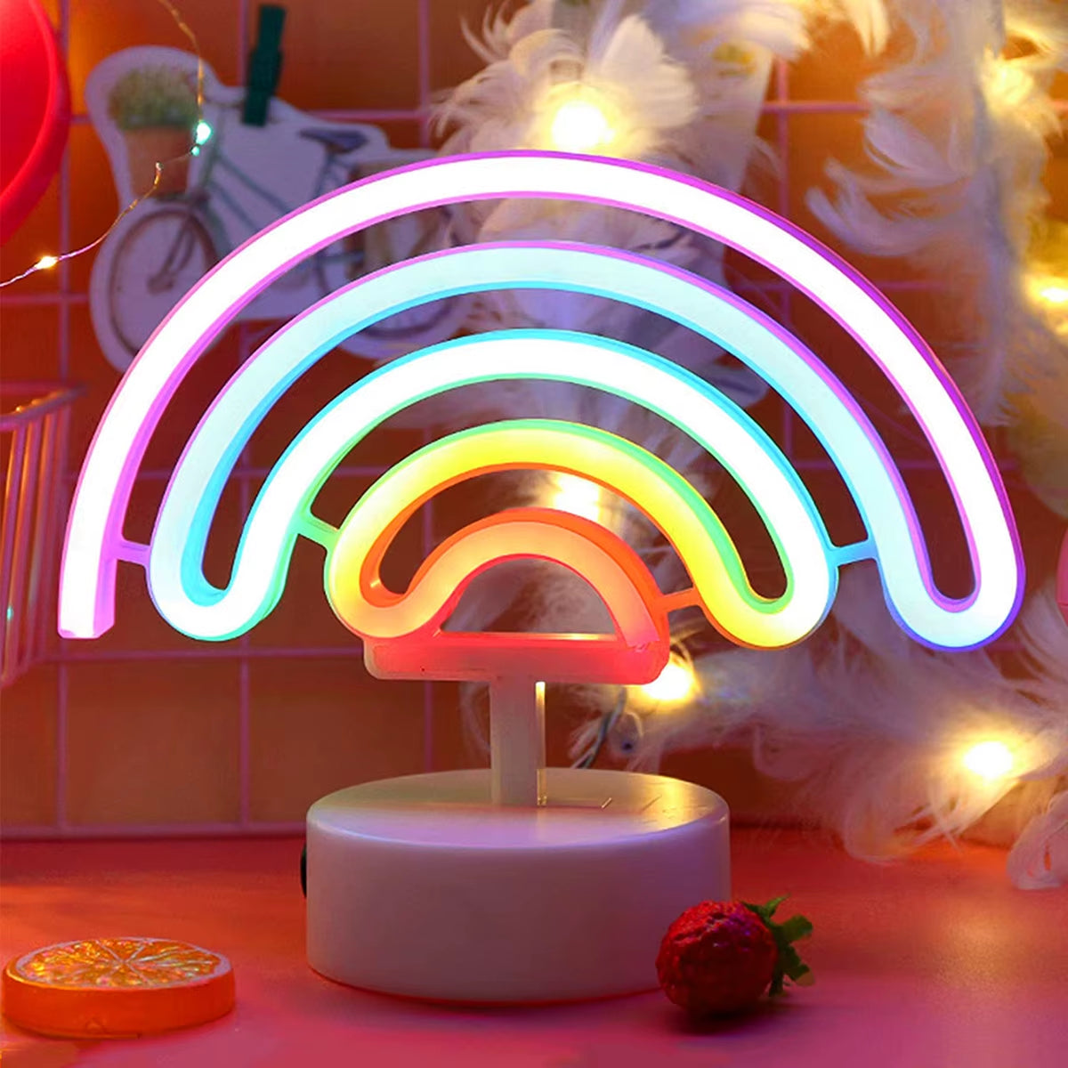 Neon Sign Led Rainbow-Shaped Neon Light Battery/Usb Powered Colorful Neon Lamp with Holder Base Rainbow Nightlight Decorative